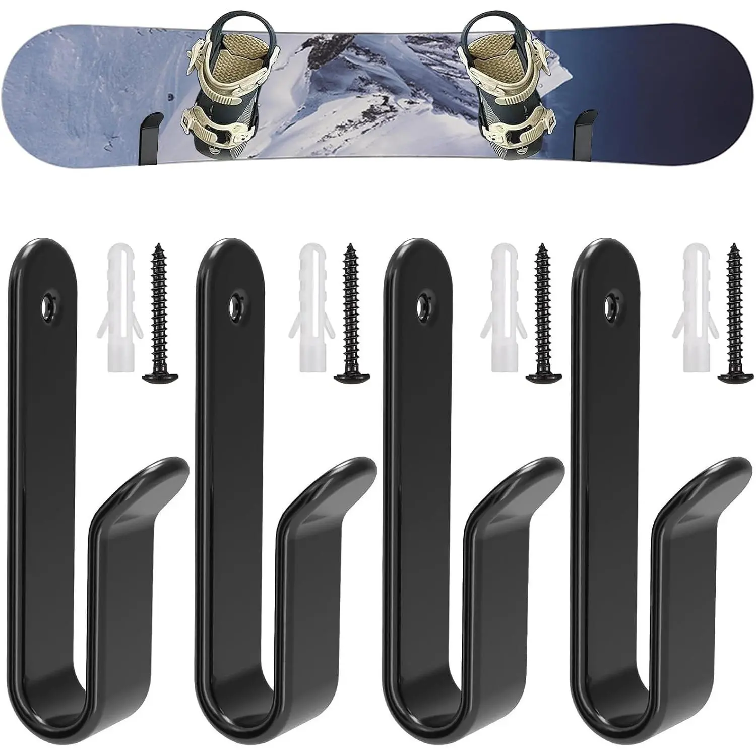 4 Pack Snowboard Wall Mount Clips, Horizontal Skateboard Wall Mount with Screws, Snowboard Display Stand, Indoor Snowboard Storage Rack for Room and Garage