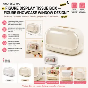 Tissue Box Cover with Clear Figure Display Case, Spring Loaded Auto-Rising Paper Holder with DIY Miniature Showcase Window for Most Facial Tissues, Small Action Figures, Pop Bean, Cream White