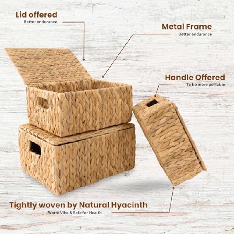 Wicker Storage Baskets with Lid Set 3 Basket With Lid Decorative Storage Rectangle Wicker Storage Basket Large Rattan Storage Box Hyacinth Baskets