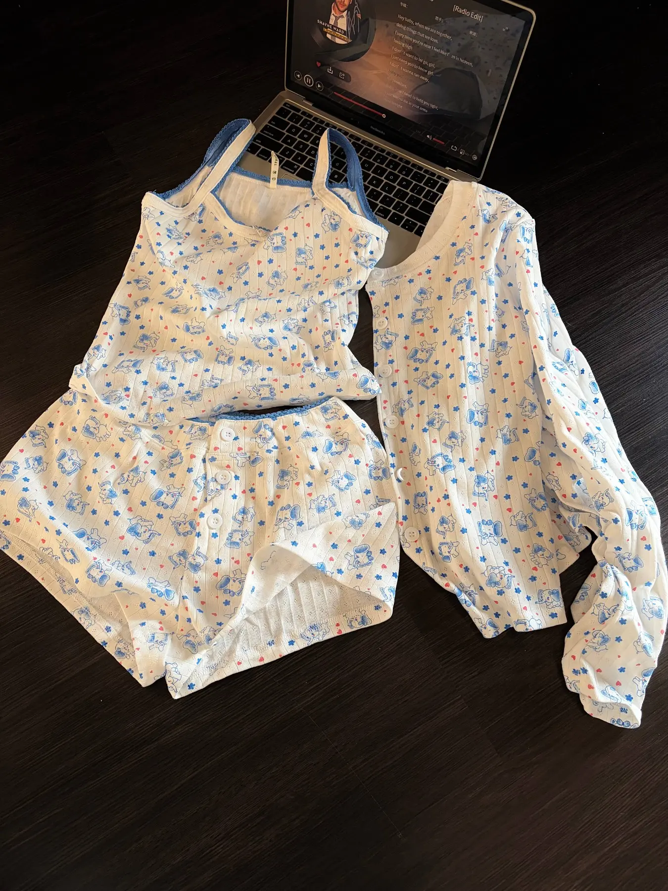 Cute Floral Elephant Halter Sleepwear Set for Women, Summer New Pure Desire Open Front Vest Shorts Pajamas Three Piece Set