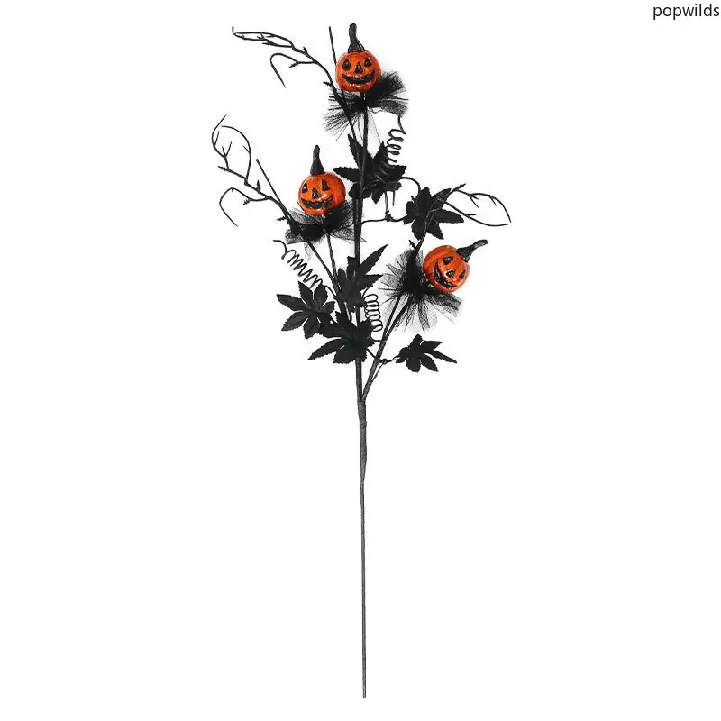 Black Spooky Horror Pumpkin Pick Flower Bouquet, Decorative MDF-Steel Halloween Ornaments, Home Table Centerpiece Party Supplies for Indoor Festival Scene Decor
