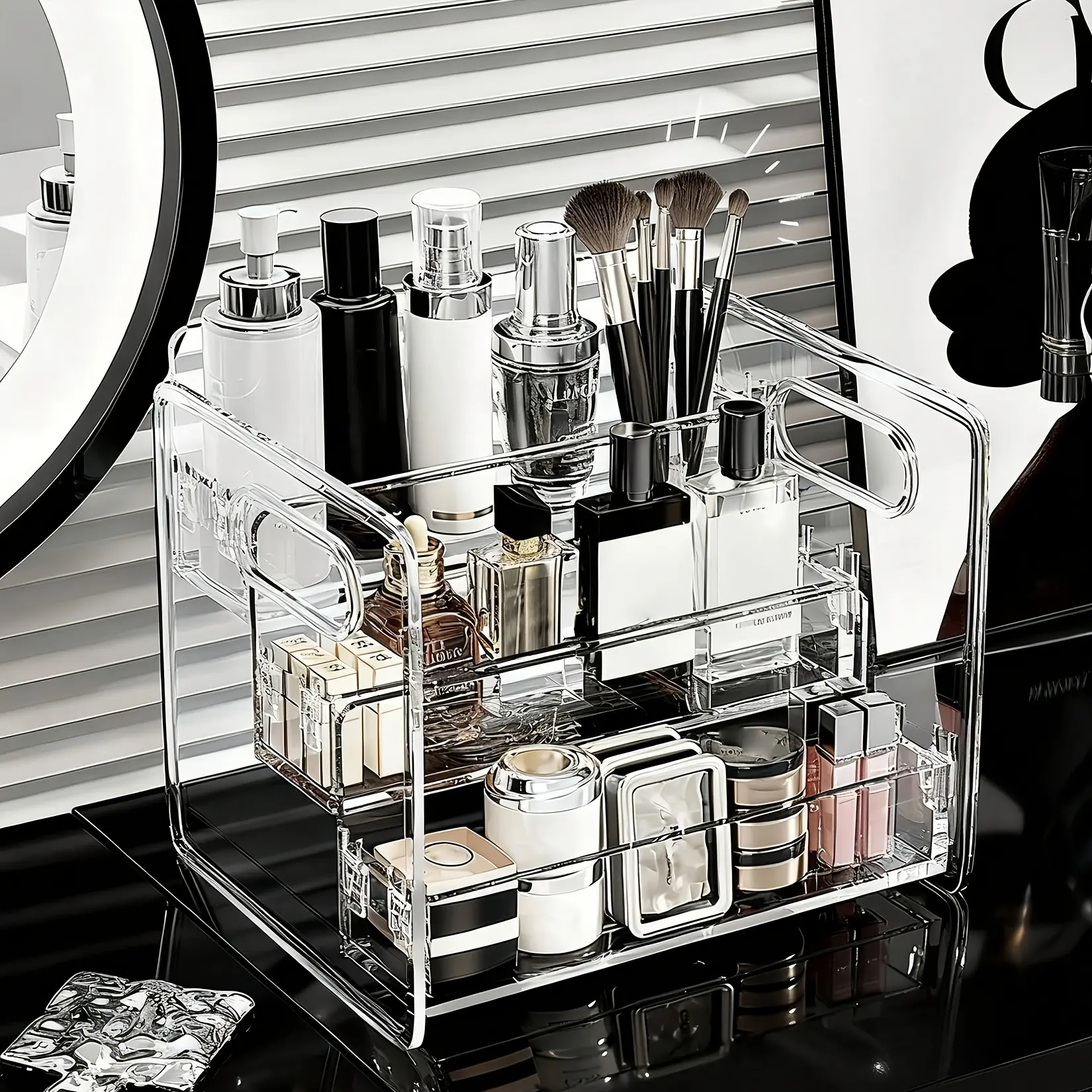 1/2Pcs Portable 3‑Tier Desktop Cosmetic Storage Organizer With Handle, Multi‑Layer Makeup Display Shelf for Lipstick Perfume Makeup Brushes Lotion Toner, Vanity Storage Rack for Bathroom Bedroom Dressing Table