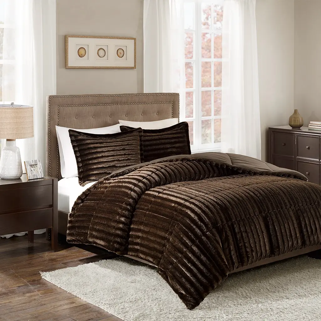 Nokaa King/Cal King soft plush Comforter Mini Set - Plush Pleated Bedding with Matching Shams, Hypoallergenic Polyester, Oeko-Tex Certified, Machine Washable, Chocolate