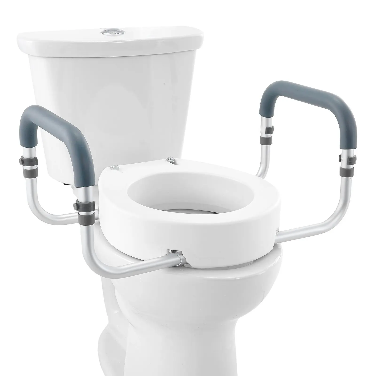 3.5" Raised Toilet Seat with Aluminum Handrail, 1.4" Thick EVA Armrest Padding, Included Screws, 300 Lbs Capacity, Non-Slip, Easy-Clean, Supportive, Fits Standard Round Toilets, for Elderly, Pregnant Women, Home Bathroom Safety Aid, 1.4" Thick Armrest Pad