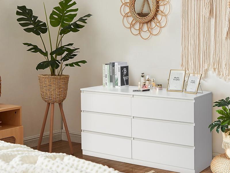 Karl home White 6 Drawer Dresser - Modern Chest of Drawers for Bedroom, Wood Dressers with Deep Drawers, Cut-Out Handles, Anti-Tipping Device, Living Room, Hallway, Entryway - 55-Inch