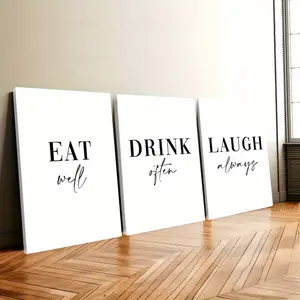 Framed, a set of 3 inspirational canvas art prints: Eat well, drink more, smile often.Framed posters for home decoration, modern wooden frame, food quote posters, suitable for kitchen, living room, bar, coffee shop, indoor and outdoor use, indoor wall de