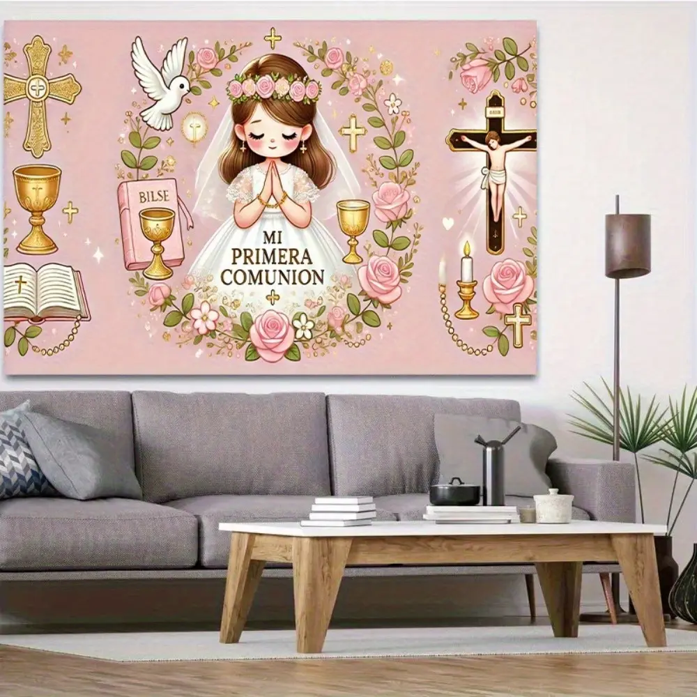 First Holy Communion Cordless Religious Decor Banner - Cross, White Dove Design, Indoor Festive Party Backdrop Supplies for Special Events