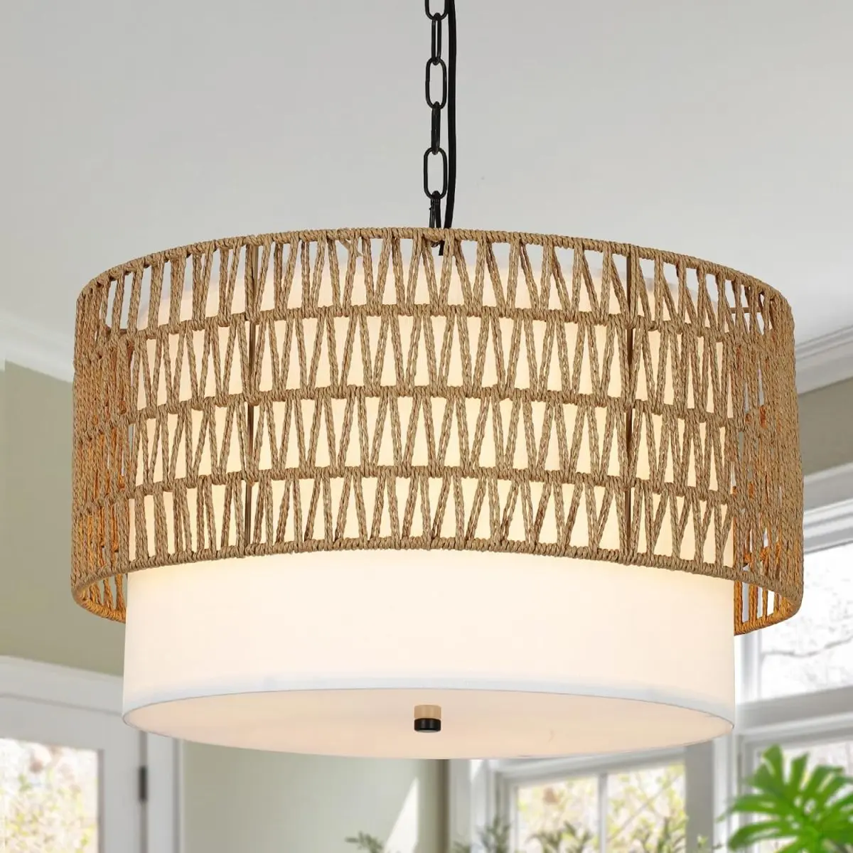 19.29x19.29x8.66 Inch Brown Metal Natural Rattan 5-Light Drum Chandelier, Adjustable Hanging Height Hollow Hand Woven Cage Shade Dimmable Boho Farmhouse Pendant Light for Kitchen Island Dining Living Bedroom, Indoor Use, Round Shape