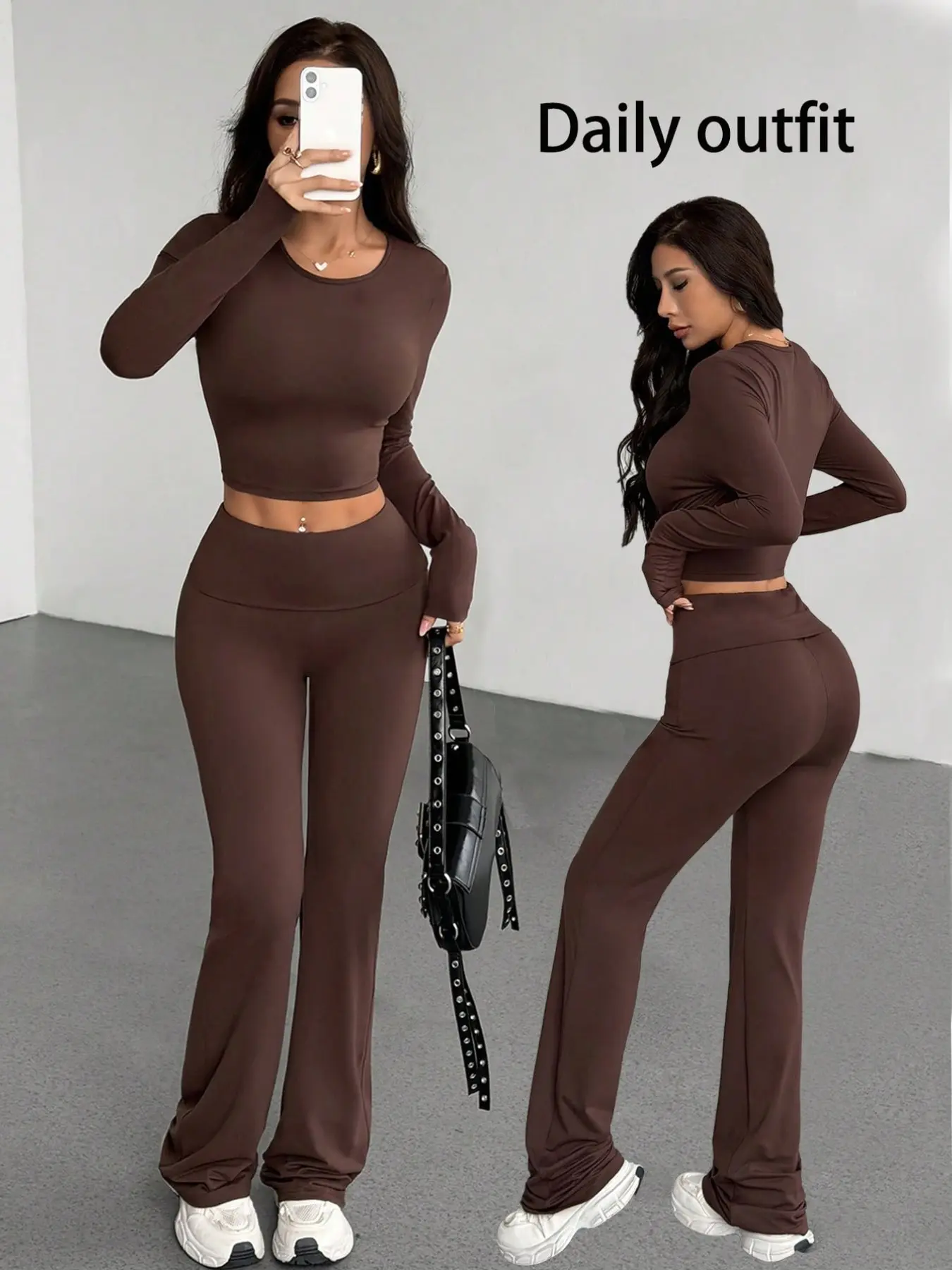 Women's High-Waisted Flared Pants + Round Neck Short Home Set, Slim Fit Top, Casual Wear, Fitness, Tiktok Fashion