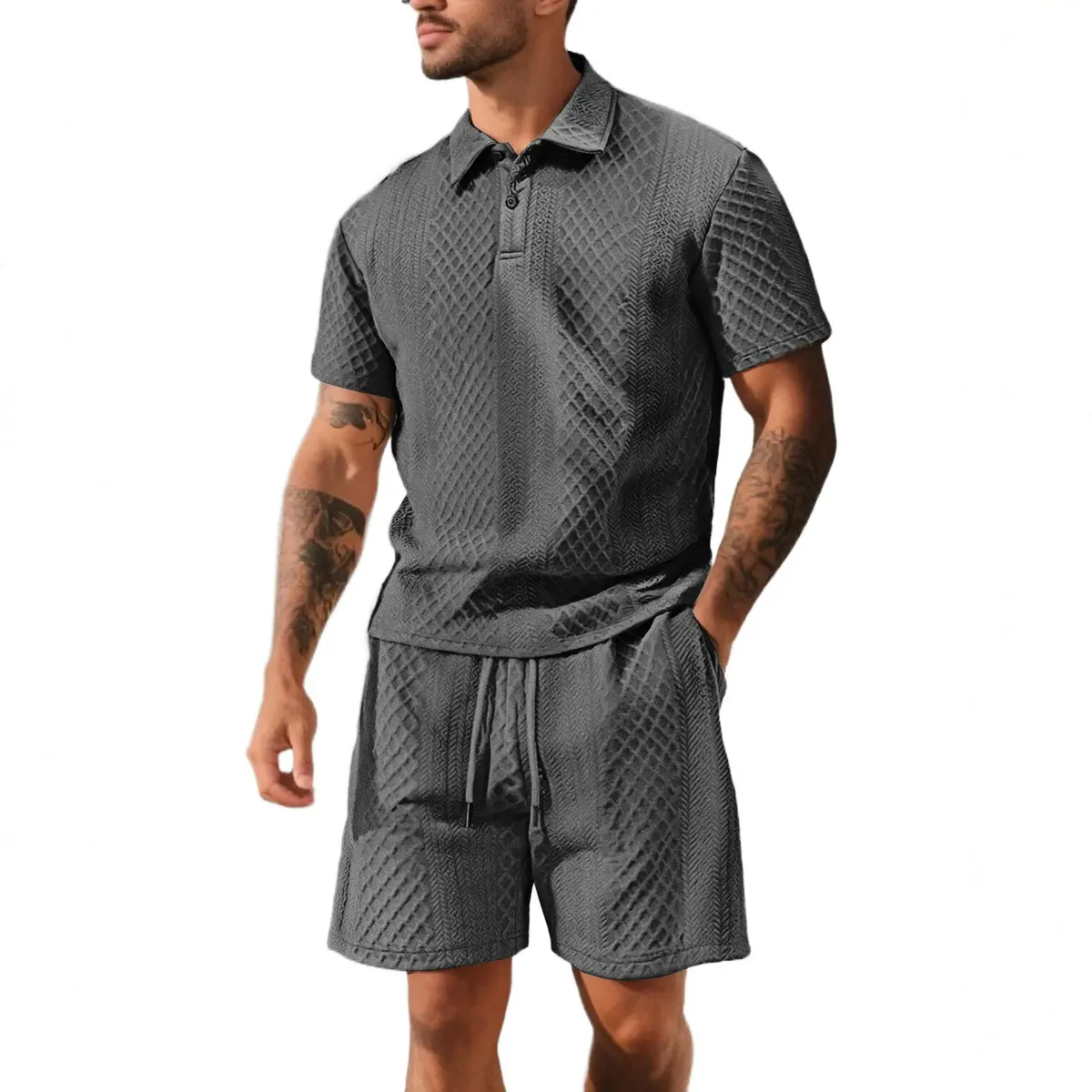 Men's Solid Polo Shirt & Drawstring Waist Shorts Set Cozy Breathable Two-piece Outfits for Daily Outdoor Wear Menswear Suits