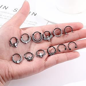 Besteel 12Pcs Septum Rings 16G Daith Earrings Nose Rings Hoop Stainless Steel CZ Opal Cartilage Helix Tragus Earrings Septum Clicker Piercing Jewelry Silver Black Rose Gold Butterfly Beautiful