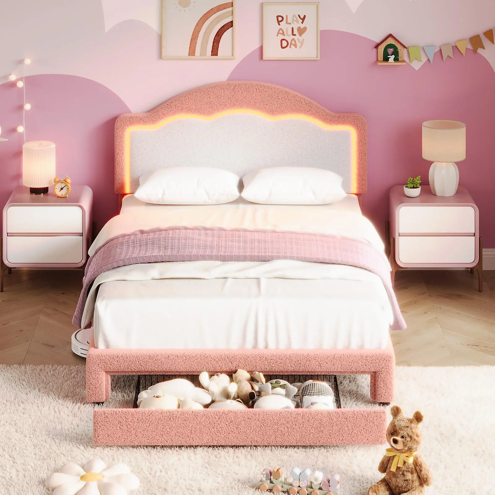 Garvee Twin Size Bed with LED Headboard, Plush Sherpa Upholstery, Slat Support, Easy Assembly, Pink with Drawer, Full Size for Boys and Girls