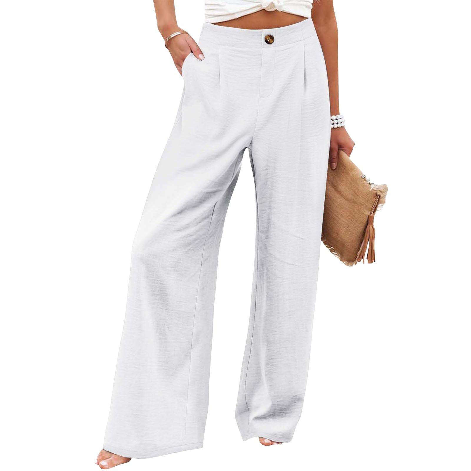 Women's Commuting and Vacation Summer Comfortable High-Waisted Long Pants with Buttons, Elastic Waist, Wide-Leg Casual Straight Pants