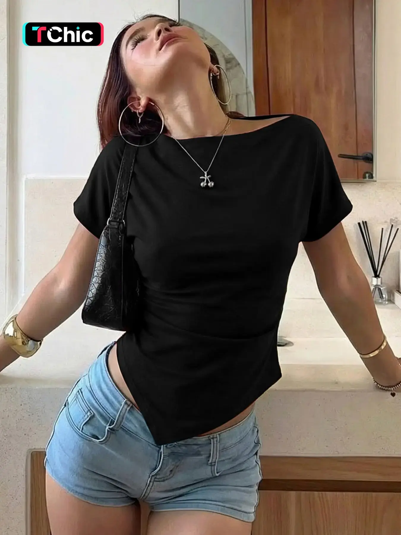 Women's Solid Color Boat Neck Irregular Hem T-shirt Top, Plain Ruched Short Sleeve Slim Fit Tees Blouse, Party Club Date Holiday Music Festival Daily Y2K Casual Elegant Crop Tops Shirts For Ladies All Seasons Summer Fashion Clothes Wear