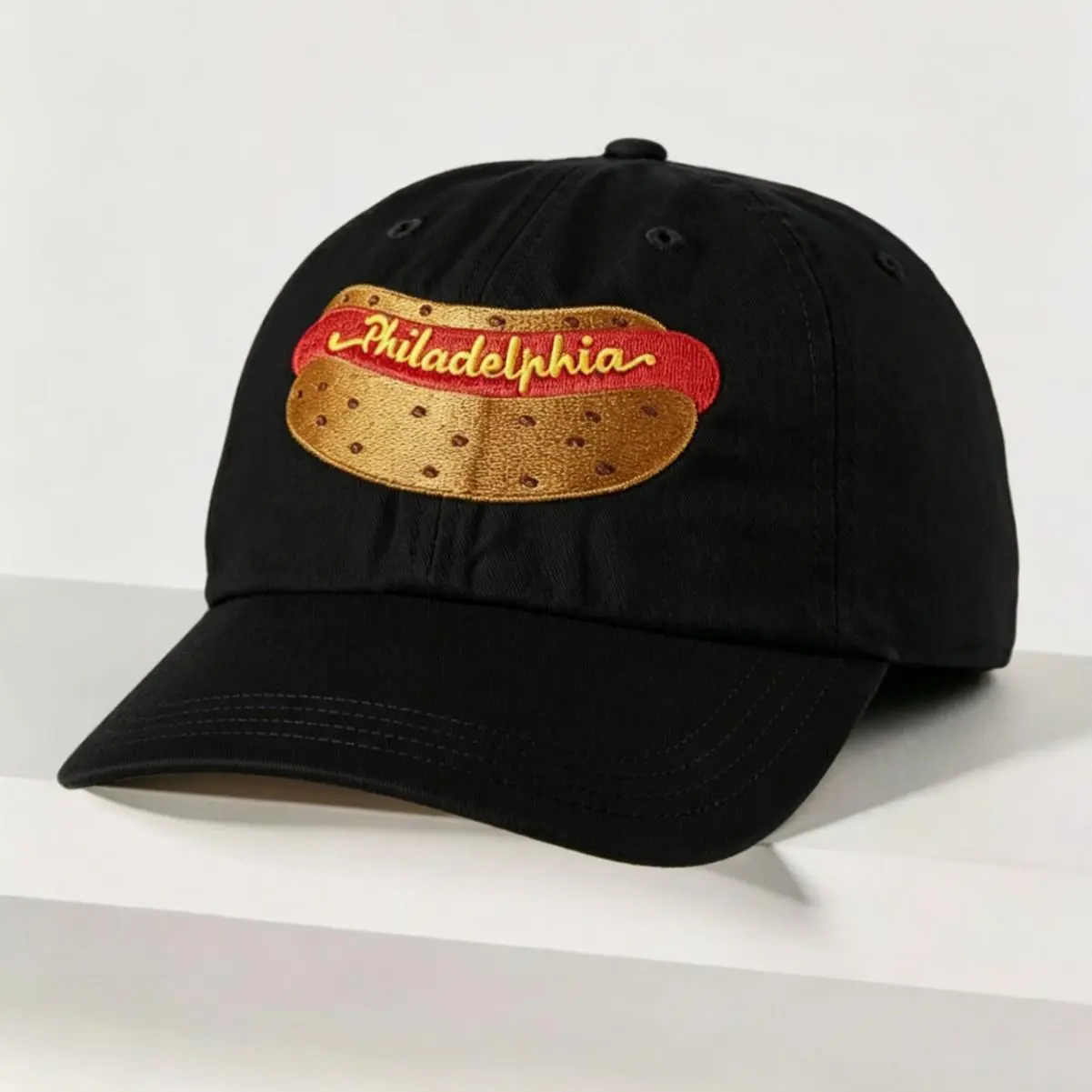 Unisex Cotton Hair Bonnet & Dad Hat Set - Ethnic Fitted-Loose Machine-Washable Bonnet, Funny Foodie Philadelphia Hot Dog Embroidered Adjustable Unstructured Cap for Casual Streetwear