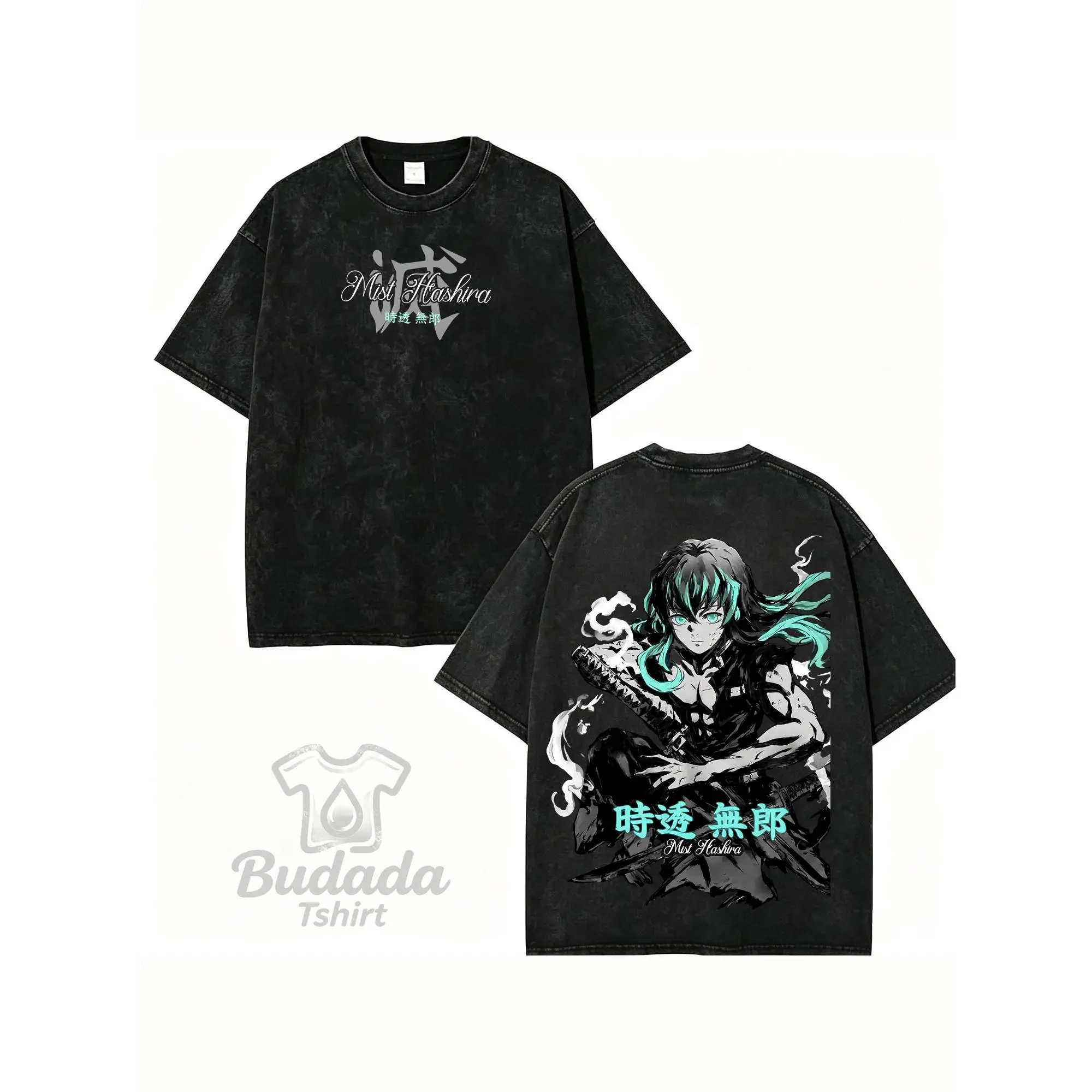 Muichiro Tokito, Kimetsu No Yaiba, Demon Slayer, Mist Hashira Vintage Acid Wash Tee Oversized Anime Shirt Otaku Clothing Manga Graphic Tee Harajuku Streetwear Grunge Anime Top Light Gray Washed Tee for Demon Slayer Otaku Anime Fans