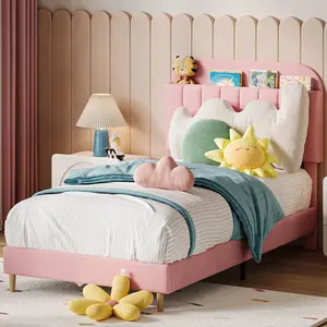 Twin Bed Frames, Upholstered Platform Bed Frame with Bookcase Headboard, Velvet Platform Bed Mattress Foundation, Heavy Duty Steel Support Legs, Easy Assembly, Noise Free, Light Pink