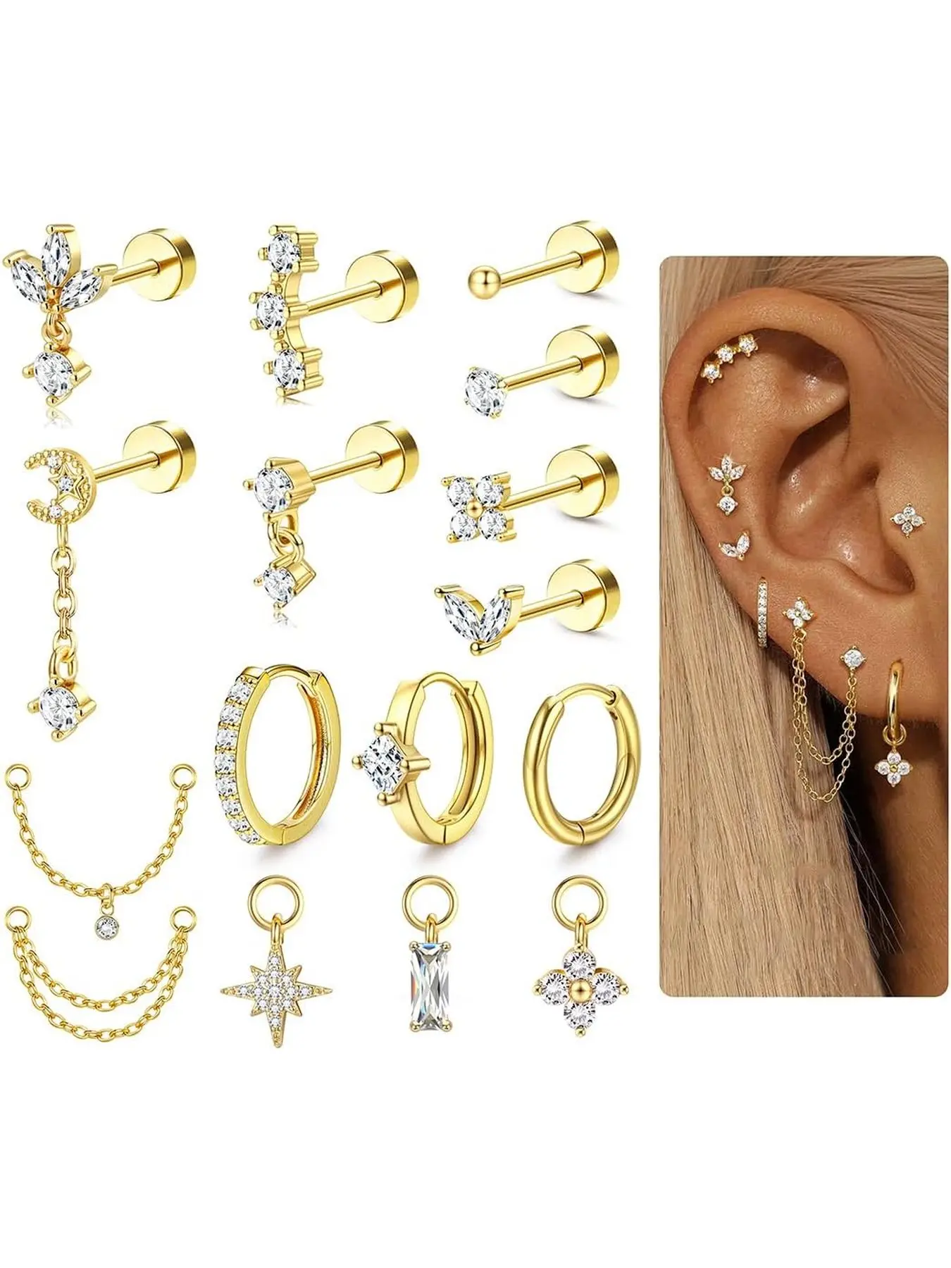 16 Gauge Cartilage Earrings for Women Flat Back Earrings Hypoallergenic 316L Surgical Steel Stud Hoop Cartilage Earring Stack Set Daith Conch Tragus Helix Piercing Jewelry Single PC