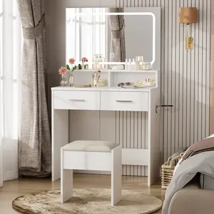 Vanity Desk with Mirror and Lights, 3 Color Lighting Modes Makeup Vanity with Cushioned Stool, 2 Drawers and Charging Station, Modern Dressing Table for Bedroom and Makeup Studio