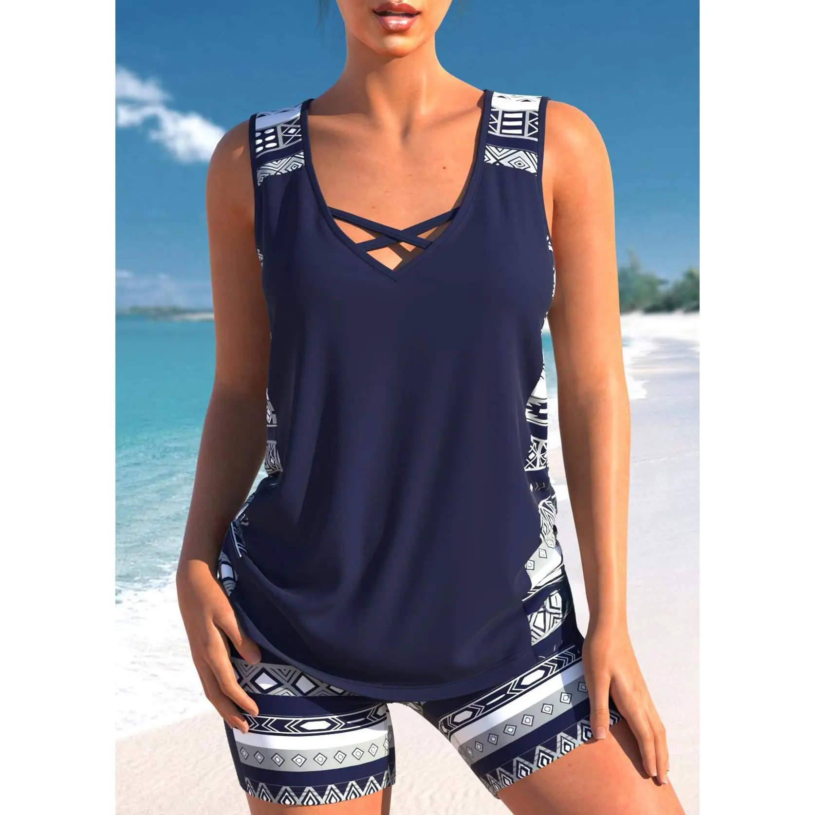 2026 New Summer Beach Casual Vacation Y Outdoor Ethnic Style Geometric Pattern Ethnic Print V-Neck Crisscross Cutout Drawstring Plus Size Tankini 2pcs Swimsuit