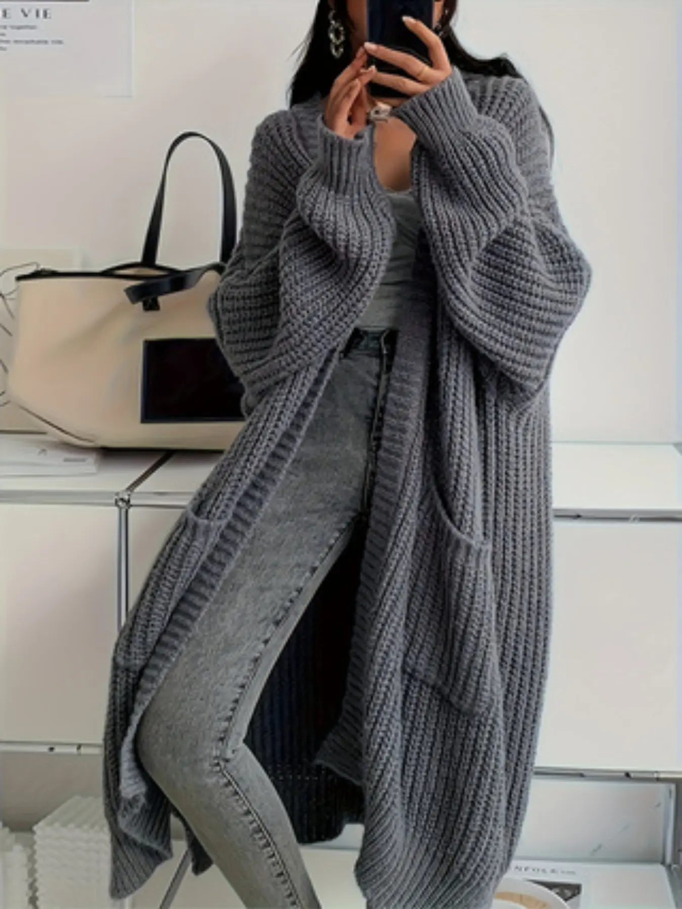 Women's Fall Winter Vintage Chunky Knit Cardigan, Lazy Style Loose Batwing Sleeve Long Over-Knee Pocket Sweater Coat, Chunky Duster Sweater