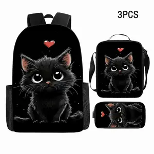 1PCS/2PCS/3PCS cute black cat backpack set, heart black theme, large-capacity laptop backpack, suitable for daily commuting, perfect for school or going out, student schoolbag