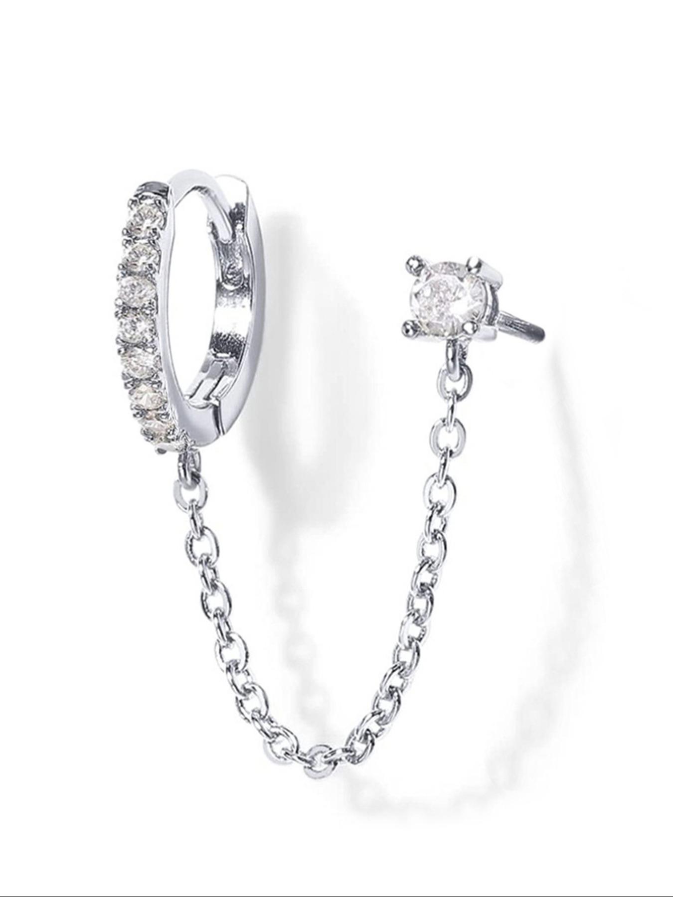 1pc Elegant Rhinestone Zirconite Decorated Hoop Dangle Earrings, High Quality Earrings, Trendy Chain Design Stud Earrings, Fashionable Jewelry for Women for Anniversary, Engagement, Wedding