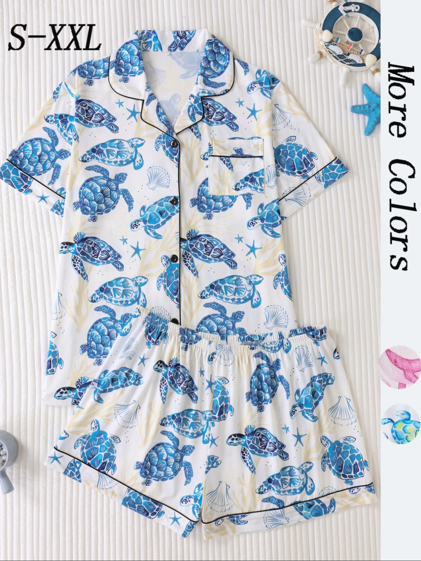 Women's Turtle Print Shirt & Shorts Pajama Two-piece Set, Casual Comfy Short Sleeve Top & Shorts Pajama Set, Ladies Summer Sleepwear & Loungewear