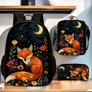 Fox A 3pcs stylish lightweight casual backpack set, Includes Large Capacity Casual Double Shoulder Backpack, Pencil Bag and Lunch Box perfect for daily commute