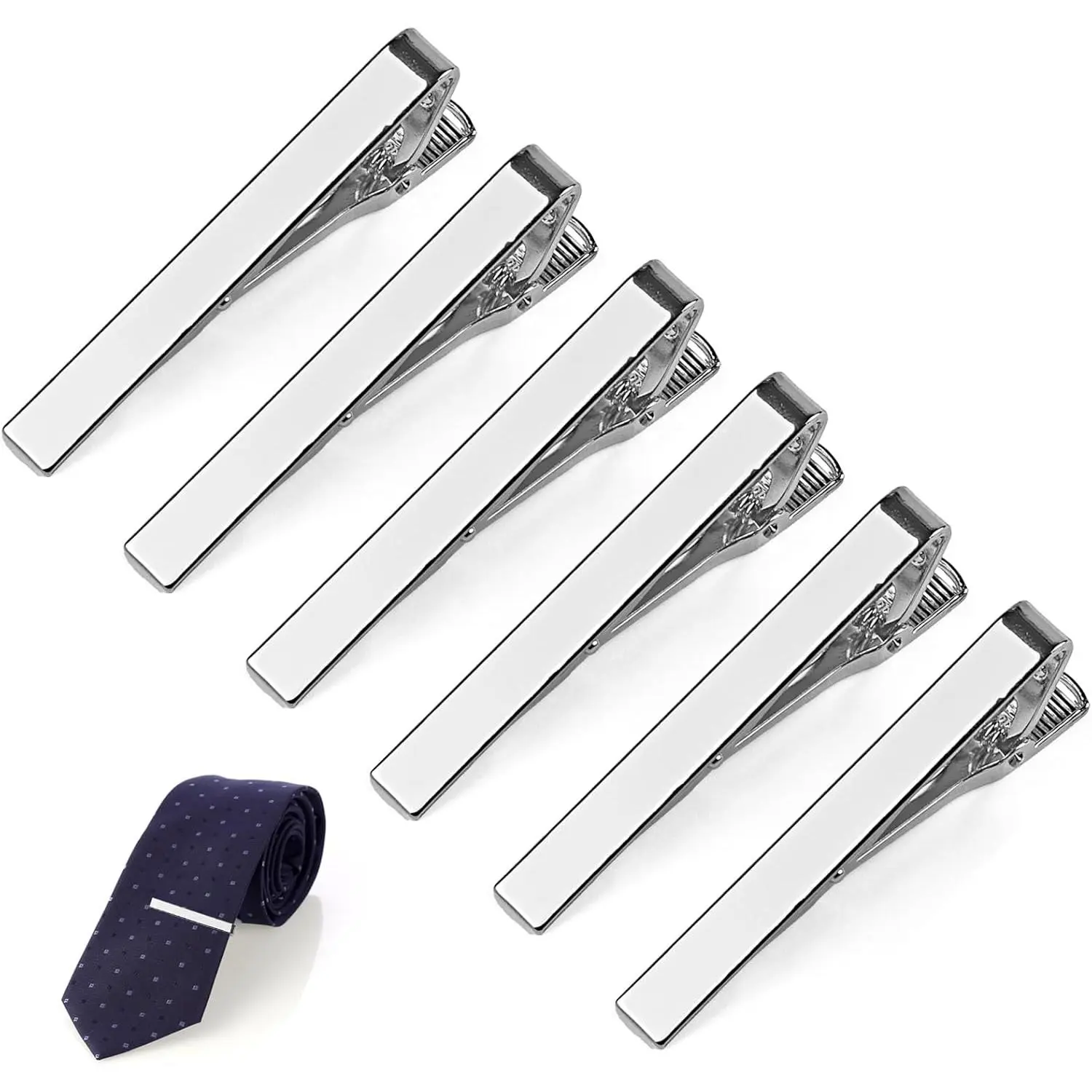 6 Pcs Tie Clips for Men, Classic Shiny & Glossy Tie Bar, Ideal for Father, Husband, Boyfriend, Business, Wedding, Tie Pins with Gift Box (Silver)