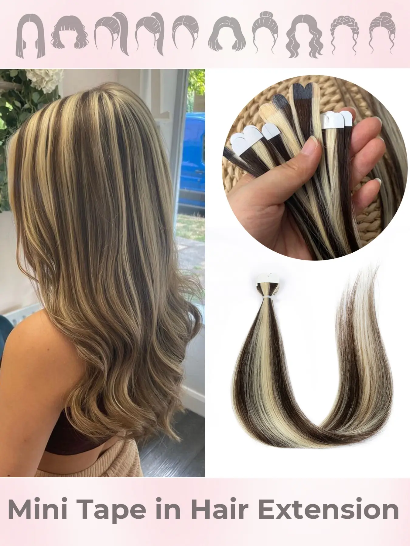 Blonde Highlight Mini Tape in Human Hair Seamless Invisible Extensions 35.56 cm Long Straight Micro Tape Hair