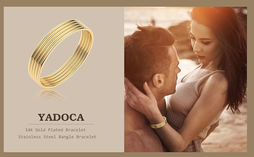 YADOCA 3mm 14K Gold Plated Bracelet Stainless Steel Glossy Thin Round Bangle Bracelet for Women Oval Solid Stackable Bracelets Set