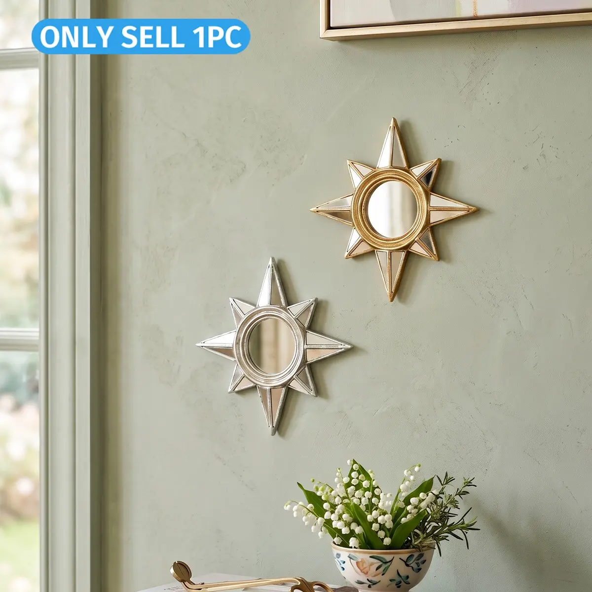 European Sun Star Wall Mirror, Resin Decorative Hanging Ornament, Suitable for Home and Shop Display, Contemporary Style