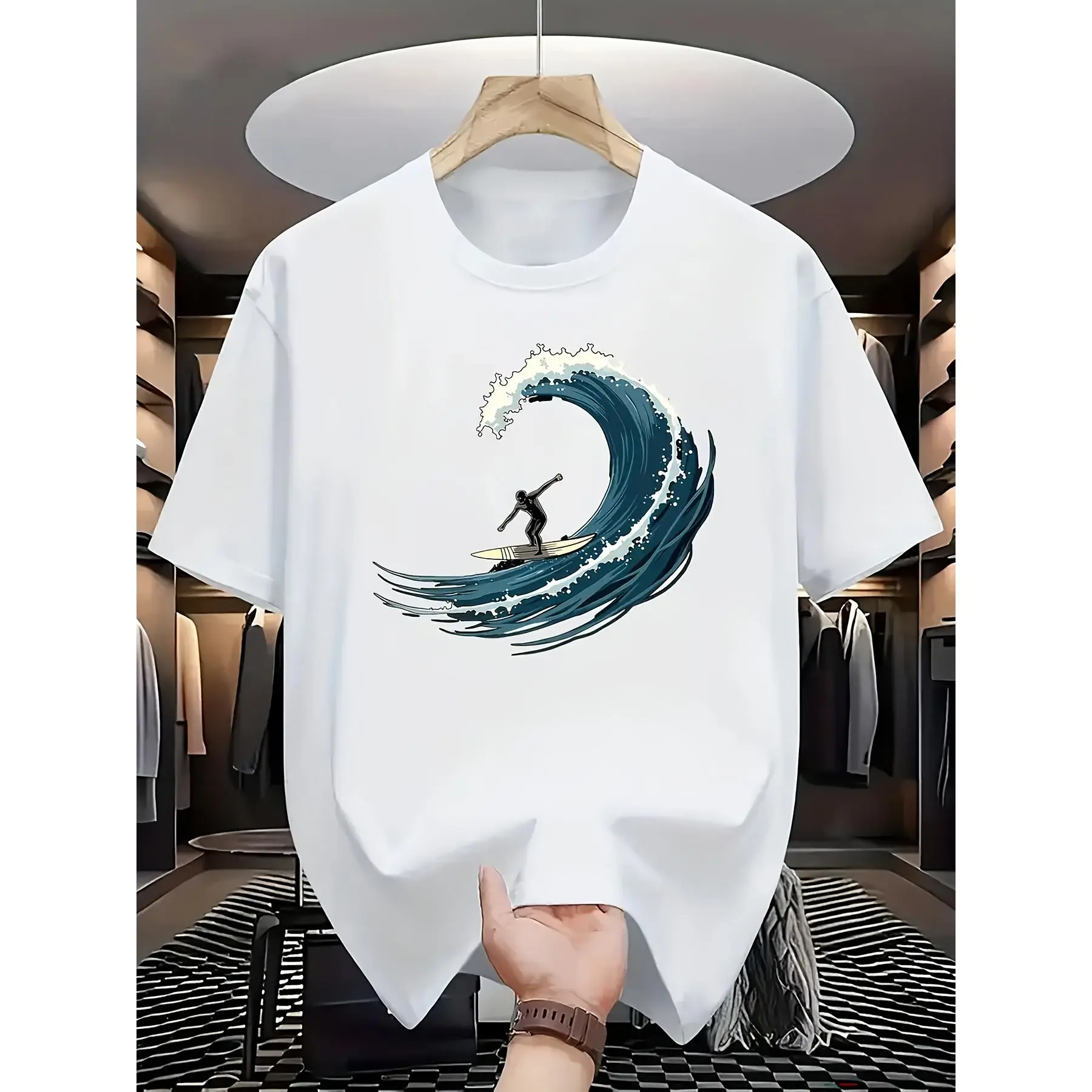 The White Short-sleeve T-shirt Displayed in the Fashionable Cloakroom Scene Features an Artistic Teal Wave and Surfer Silhouette Print, Creating a Dynamic Ocean Sports Atmosphere. It Blends Trendy Design with Artistic Expression, Showcasing Both