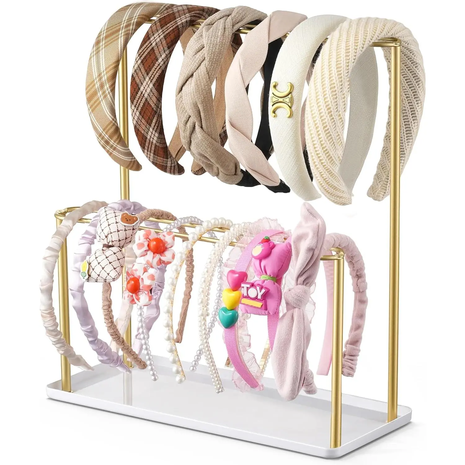 Headband Holder Organizer Metal 2-Tier with Tray: Hair Accessories Display Stand Storage Hairband Rack Necklace Stand Home Bedroom for Girls Women, Gold