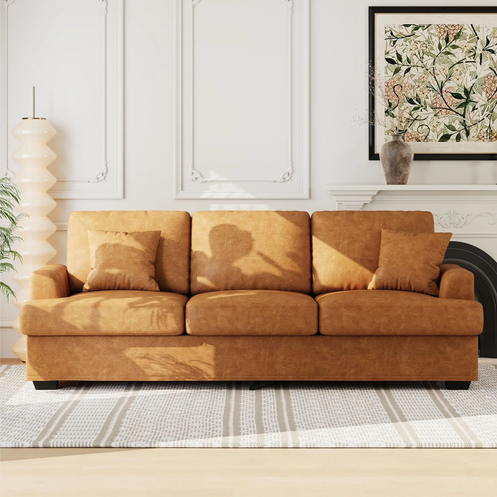 Modern Corduroy 3-Seater Sofa Couch – Deep Seats, 2 Removable Back Cushions, 2 Throw Pillows, Upholstered Comfort for Living Room, Bedroom, Apartment, Office – Grey or Green