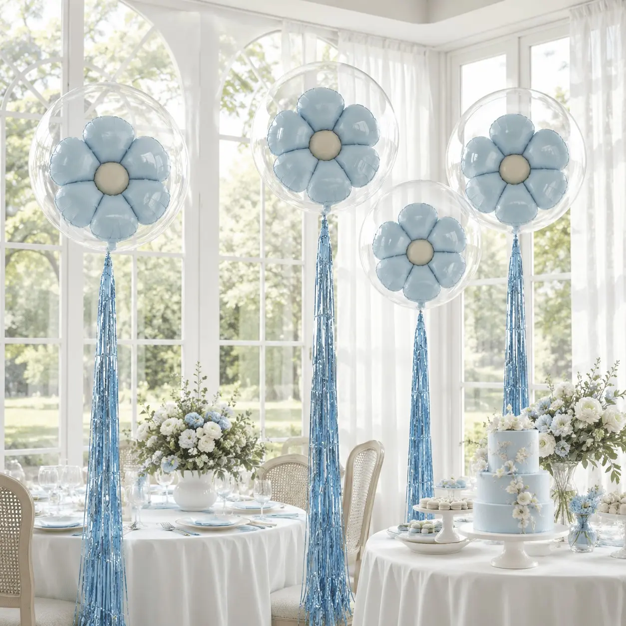 10Pcs Flower Bobo Balloon Set, 4Pcs Blue Flower Balloons & 4Pcs 24 Inch Clear Bobo Balloons with Glue Dots and Rain Tassels, Party Decor Balloon Decorations for Wedding, Proposal, Engagement, Birthday, Anniversary, Christmas & Room Decoration