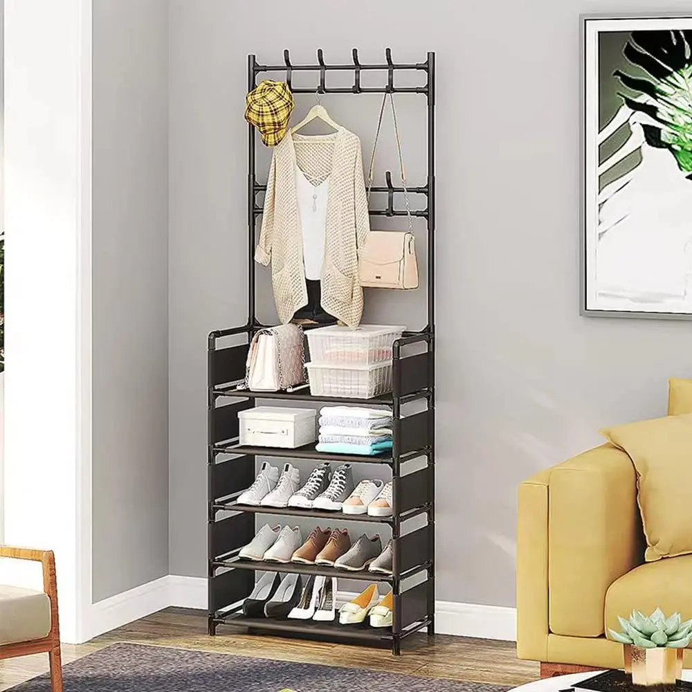 Shoe rack, five-tier metal shoe and hat rack, adjustable hallway tree, with 16 metal hooks, for entryway, bathroom, living room side cover, easy to assemble, black