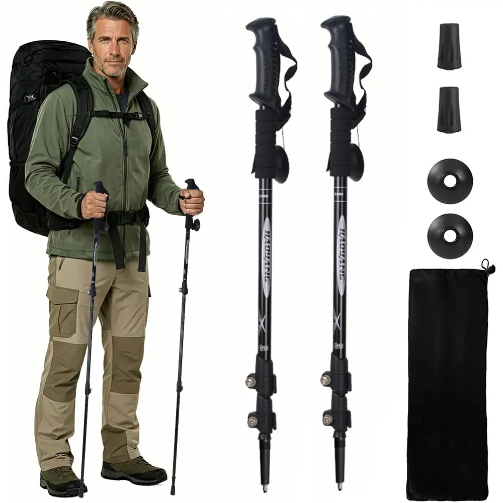 Trekking Poles Aluminum Lightweight Hiking Sticks | Adjust 25.5-53", flip lock, cork EVA grip, 2pc set, for hiking, with snow/mud/rubber/tungsten tips for all terrains