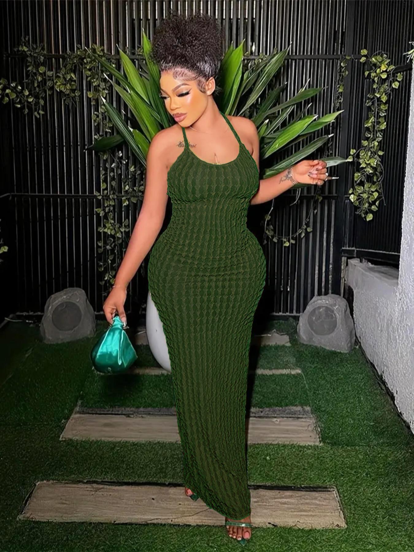 Women's Solid Criss Cross Backless Frill Trim Cami Dress, Bodycon Maxi Dress for Party Club Dating Wear, Dresses for Women, Summer Dresses, Womenswear, Lady Women's Solid Criss Cross Backless Frill Trim Cami Dress, Bodycon Maxi Dress for Party Club Dating Wear, Dresses for Women, Summer Dresses, Womenswear, Lady