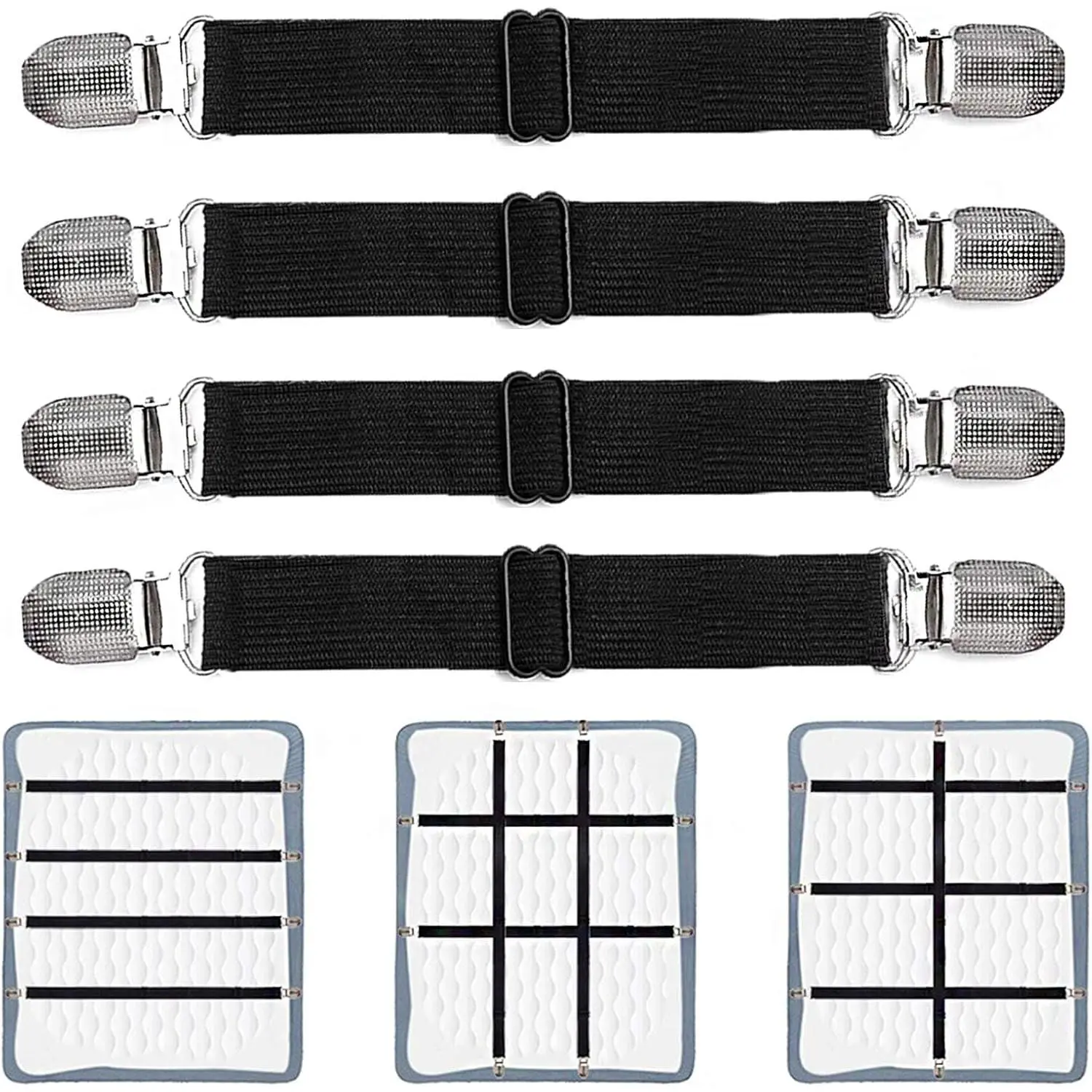 Adjustable Bed Sheet Clips, Sheet Fasteners Holder Straps and Suspender, Gripper, Extend From 21" to 80" Long Style Elastic Fasteners Bands Heavy Duty Suit for Mattress, Sofa, Couch, Recliner and