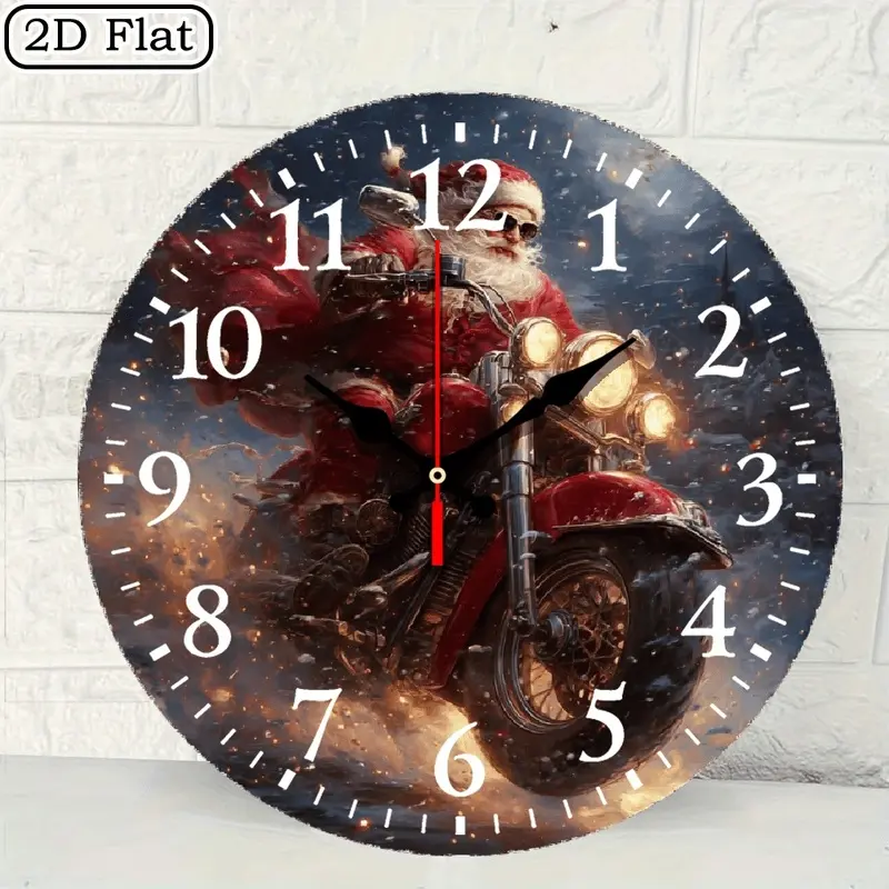 Santa Claus riding a motorcycle, dynamic Christmas design in vintage style 10inch acrylic wall clock, silent and noiseless, battery-powered, perfect home decoration, suitable for kitchen, living room, office, farmhouse-style holiday ambiance, Christmas de