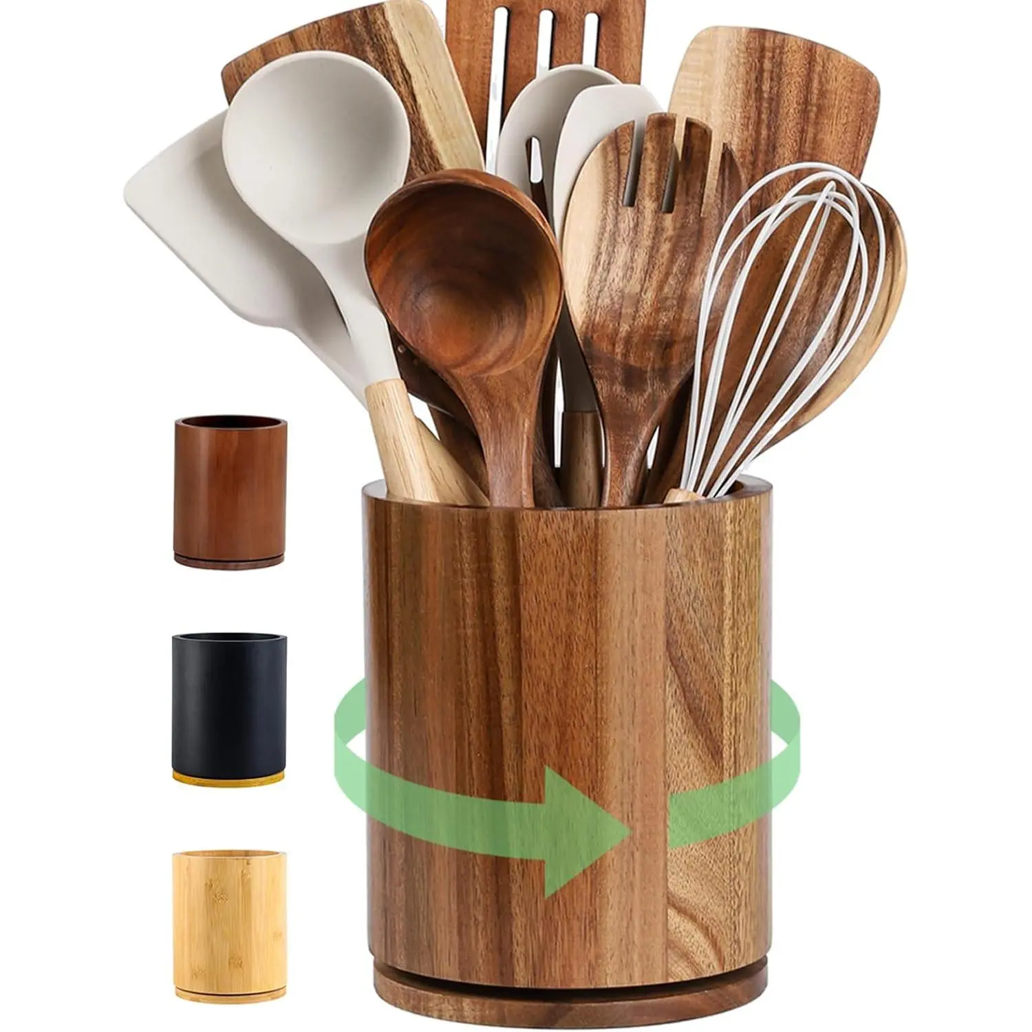 Wooden Utensil Holder, 360°Rotating 7.3'' Large Utensil Holder for Kitchen Counter, Kitchen Utensil Organizer, Utensil Crock, Farmhouse Kitchens Countertop Decor, Acacia Wood
