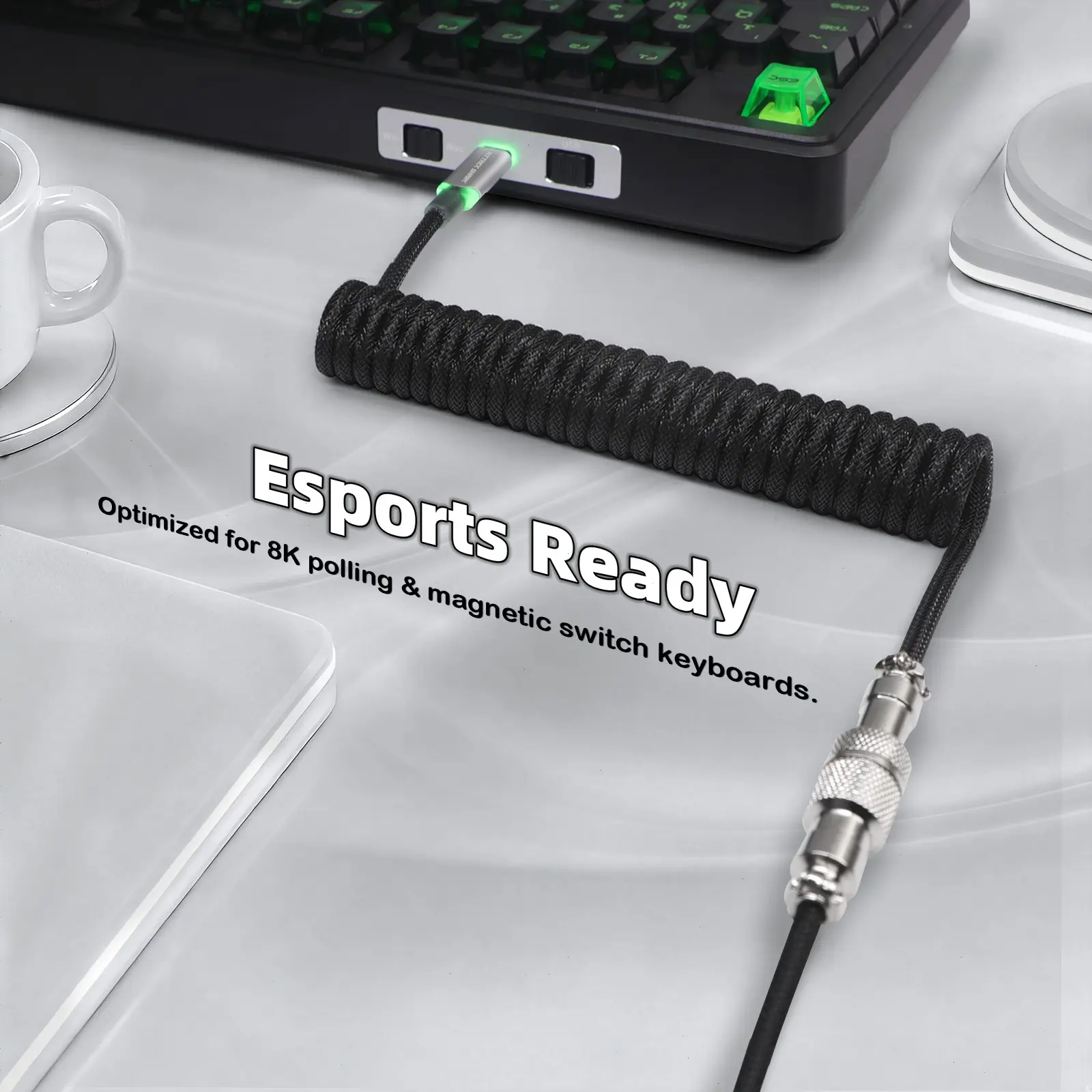 ATTACK SHARK C01 Ultimate Custom Coiled USB C Cable for Gaming Keyboard,Double-Sleeved Braided with RGB Light Plug Detachable Metal Aviator,1.5M Type-C to USB-A Mechanical Keyboard Cable, Type C Cables