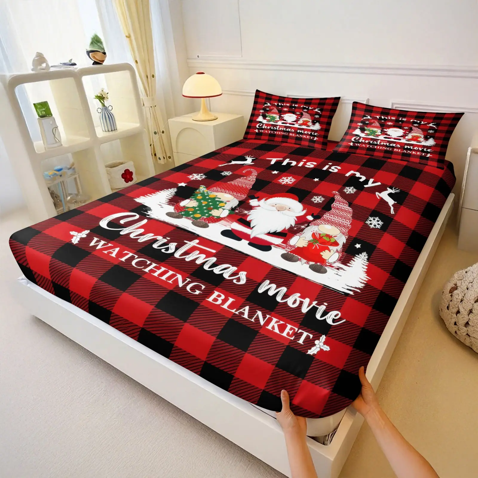 Christmas Buffalo Plaid Gnome Santa Fitted Sheet Set, 1 Piece All-Round Elastic Deep Pocket Fitted Sheet, This Is My Christmas Movie Watching Blanket Quote Bedding, Soft Washable Xmas Holiday Bedroom Decor Gift