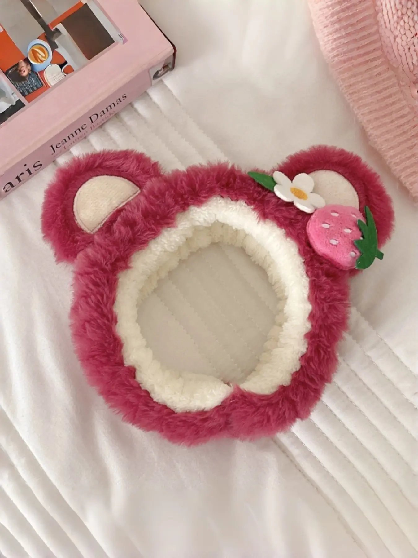 1pc Cute Strawberry Bear Ear Fluffy Spa Headband, Hot Pink Plush Non Slip Skincare Hair Band, Cartoon Animal Soft Hair Accessories for Women Washing Face Makeup