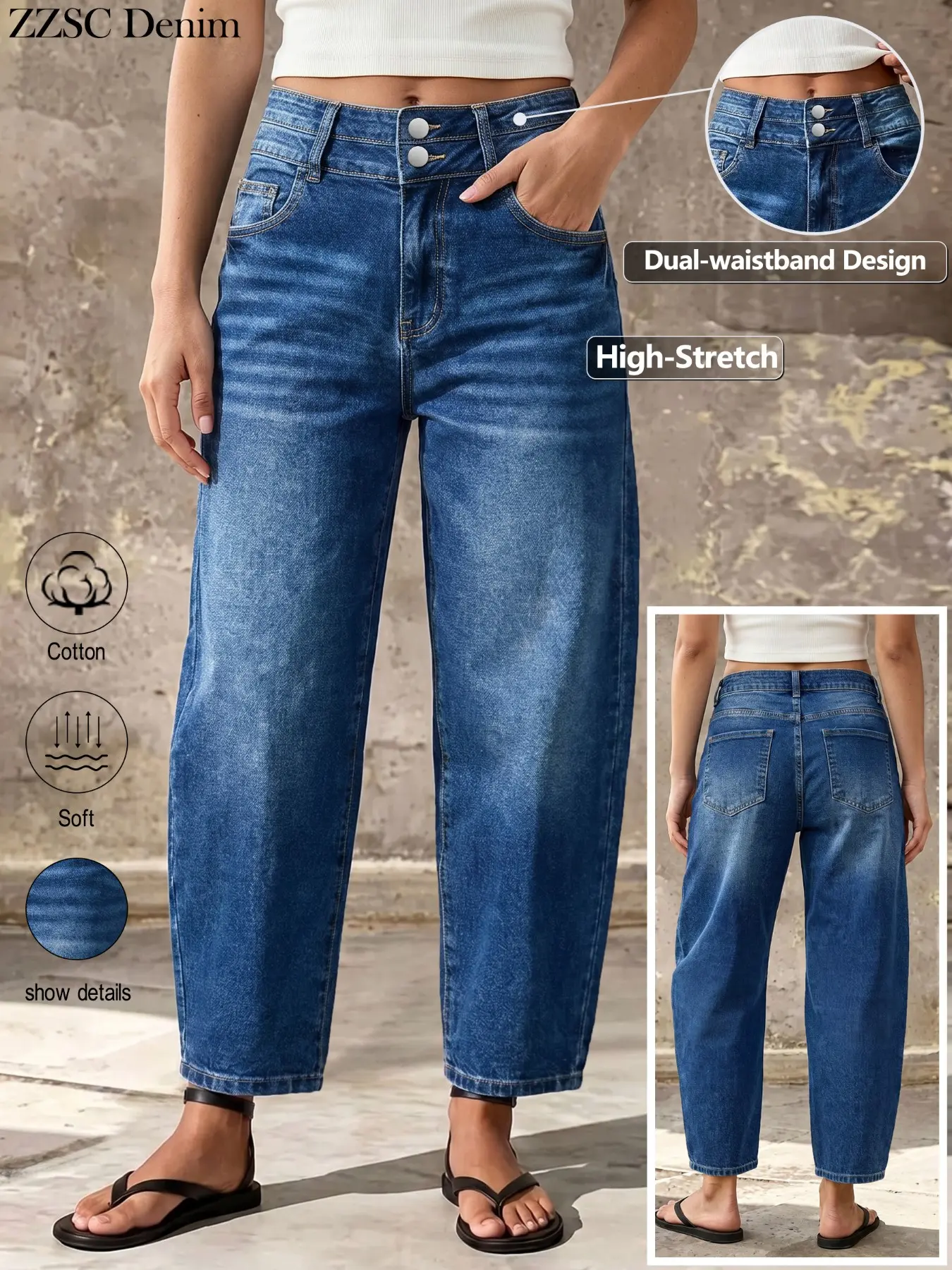 Women's Vintage Washed Blue High-Waisted Jeans, Stretchy Cotton Feel, Loose Fit Nine-Inch Balloon Pants, Hip-Covering Curved Leg