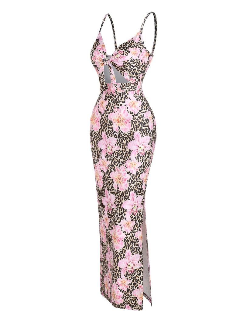 Women's All Over Print Cut Out Cami Dress, Fashion Casual Backless Long Dress for Daily Outdoor Wear, Ladies Clothes for All Seasons