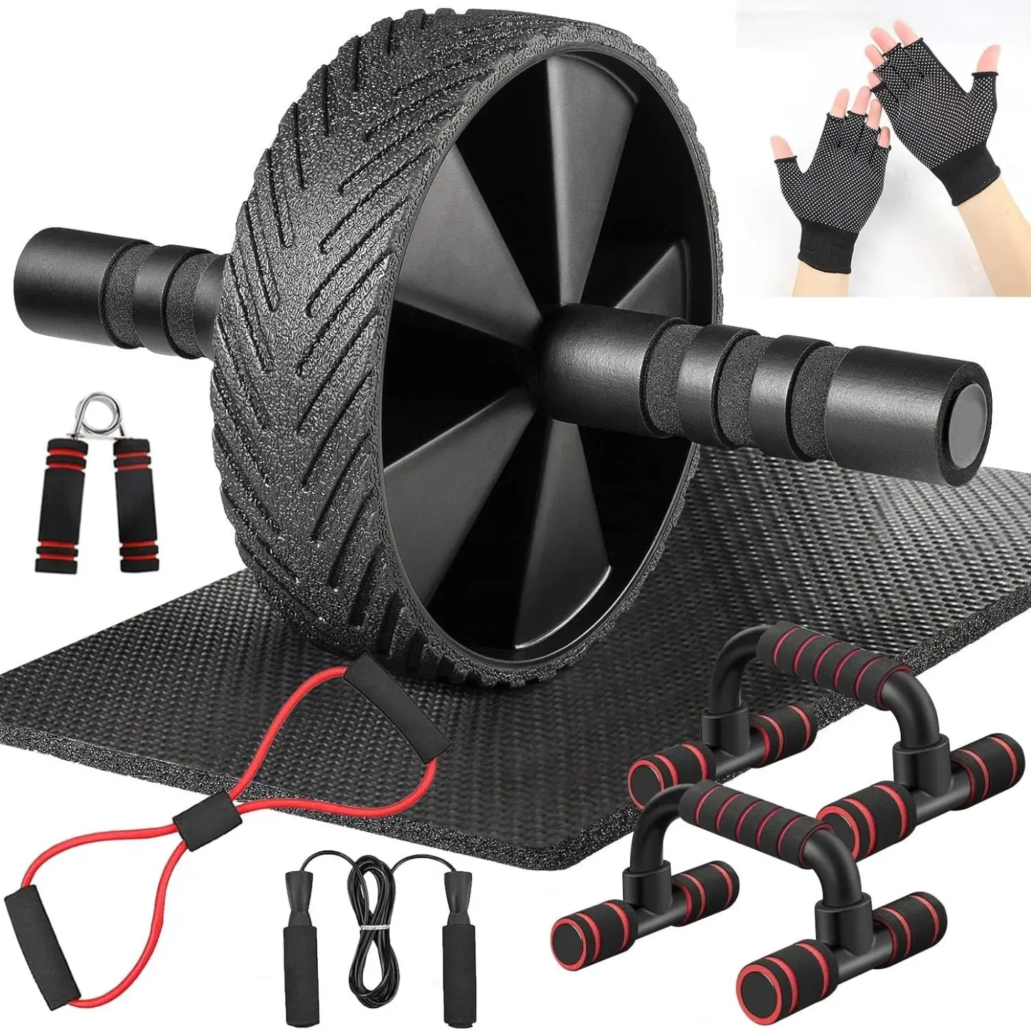 Abdominal Roller Set 9-piece/14-piece Kit, Premium AB Wheel Roller with Non-Slip Mat and Ergonomic Padded Handle, Suitable for Aerobic Exercise, Gym, and Home Workouts.