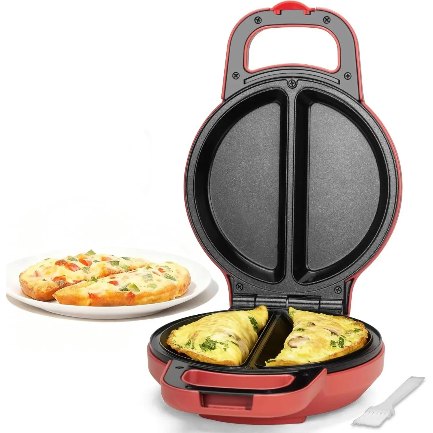 SugarWhisk Flip Omelette Maker Electric, Omelette Pan Nonstick for 2 Individual 6.5" Omelets, Cooking Gadgets for Home, Omelet Maker with Ceramic Coating, Red
